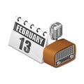 World radio day calendar, retro silver microphone and old radio isometric